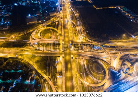 Night transport traffic road with car movement light aerial view