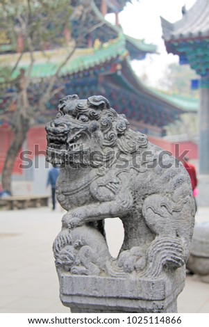 Stone Chinese lion in the monastery of Shaolin, China.