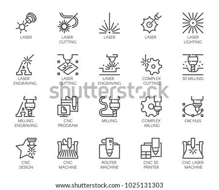 Set of 20 line icons in series of laser cutting. Computer numerical controlled printer, 3D milling machine and other thematic symbols. Stroke mono contour pictograms isolated. Vector outline labels Royalty-Free Stock Photo #1025131303
