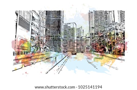 Downtown road view with buildings of Miami City in Florida, USA. Watercolor splash with Hand drawn sketch illustration in vector.