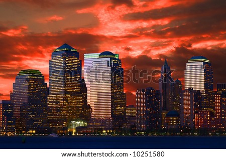 The Lower Manhattan Skyline in NYC at Sunrise