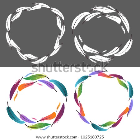 Set of round frames with colored and  white feathers on white and gray background. Vector elements  for greeting cards, invitations, cards and for your design.