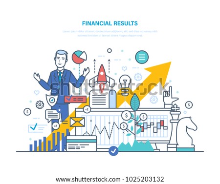 Financial results. Data analysis, financial management report, forecast, market stats, results activities, banking, business strategy, growth of economic indicators. Illustration thin line design.