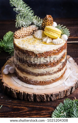 Close up of a cake with cream layers decorated with merengue, macaron and pine tree