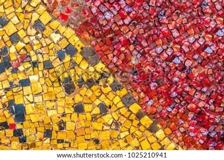 Red and yellow mosaic tiles, background, texture