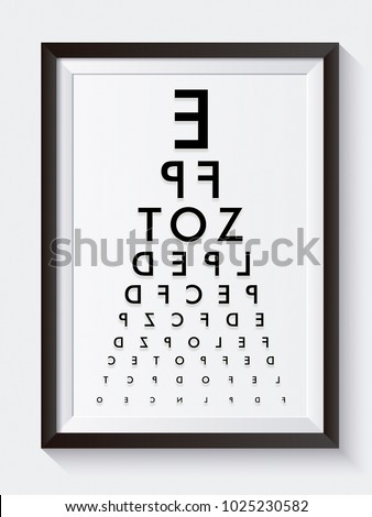 Eye chart inverted funny graphic visual with black letters, ophthalmology medical check test examination for optimal vision, poster on the white wall in an optometrist cabinet Royalty-Free Stock Photo #1025230582