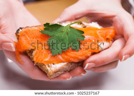 Toast with salmon in female hands