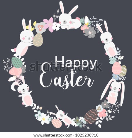 Easter Wreath vector illustration with flowers bunnies and eggs