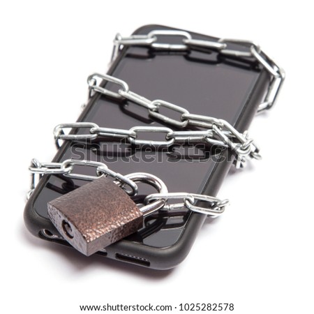 Mobile phone is password protected. The phone is wrapped around the chain and locked. Isolation on a white background