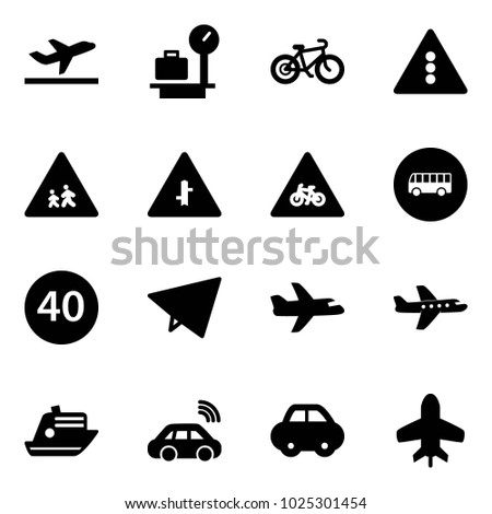 Solid vector icon set - departure vector, baggage scales, bike, traffic light road sign, children, intersection, for moto, bus, minimal speed limit, paper fly, plane, cruiser, car wireless, toy