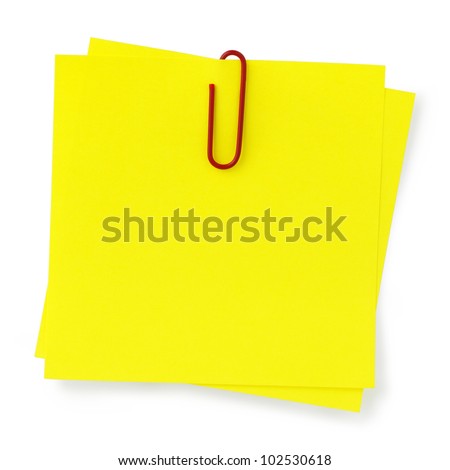 High Resolution Post-it With Paper Clip Isolated On White. CLIPPING PATH INCLUDED