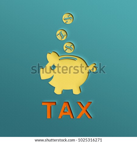 Piggy bank and and a dollar coin with drop is model made of paper art on the top for a saving or loan for planned investment on blue background, Tax concept.