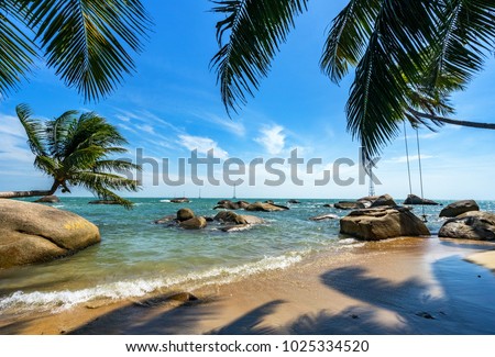 Royalty high quality free stock image of boats at coconut beach on Son island, Kien Giang, Vietnam. Near Phu Quoc island