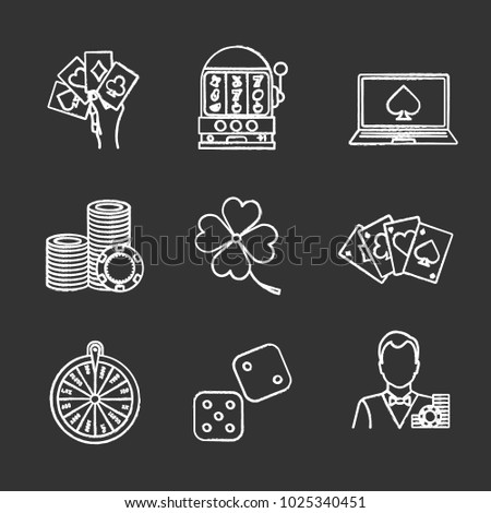 Casino chalk icons set. Four aces, slot machine, online casino, dice, croupier, wheel of fortune, gambling chip, four leaf clover. Isolated vector chalkboard illustrations