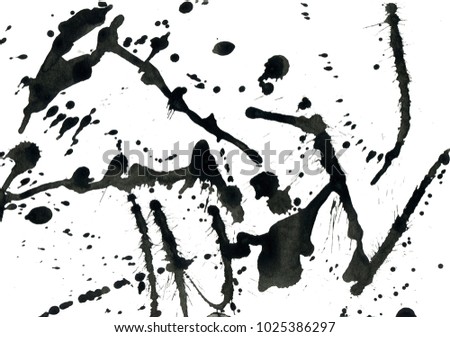 Isolated artistic black watercolor and ink splatter textures and decorative elements on white wall background.