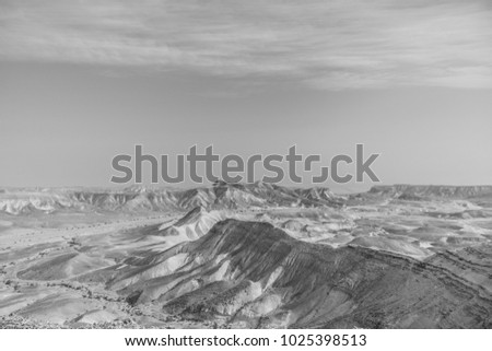 Beautiful nature desert in dry judean picturesque wilderness. Outdoor scenic landscape of mountains, sand and rocks near the dead sea. Travel in middle east