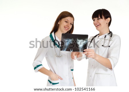 Two beautiful Caucasian nurses  on a white background