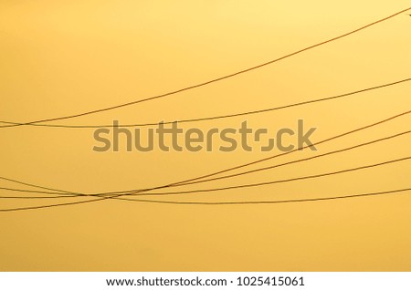 Electricity wires hanging in the air with beautiful warm color sky in the background on a summer sunset. 