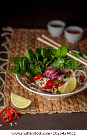 Vietnamese Beef Noodle Soup Pho Bo, copy space for your text