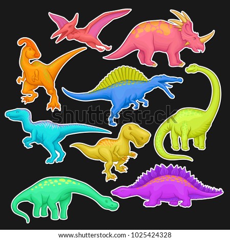 Colorful collection of prehistoric reptiles. Giant animal of Jurassic period. Cartoon dinosaur characters in flat style. Vector design for sticker, book or video game