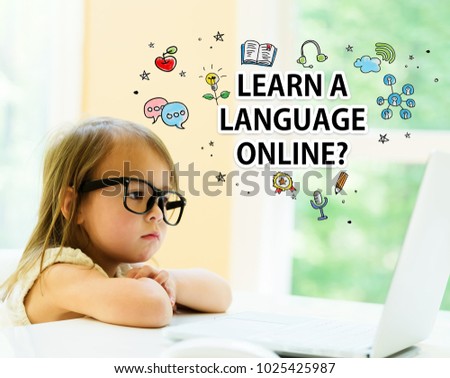Laern a Language Online text with little girl using her laptop