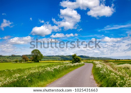 Summer rural landscape with winding one lane country road going through a scenic green fields under a blue summer sky in Southern England UK Royalty-Free Stock Photo #1025431663