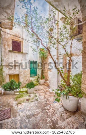 Alleyway in old white town Ostuni, Puglia, Italy
