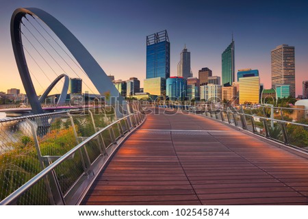 Perth. Cityscape image of Perth downtown skyline, Australia during sunset. Royalty-Free Stock Photo #1025458744