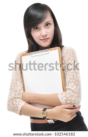 Portrait of the beautiful businesswoman carrying a blank folder, isolated on white background