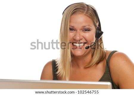 Beautiful Friendly Female Customer Support Phone Operator in Front of a Computer Screen Isolated on a White Background.