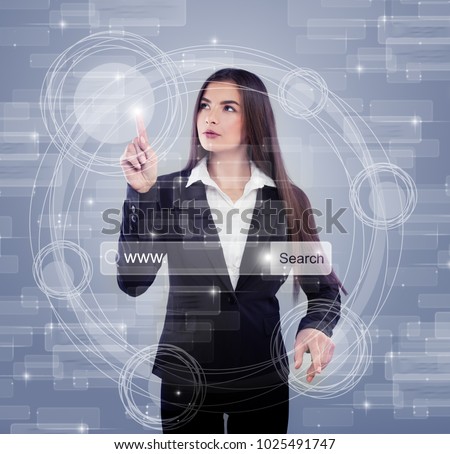 Futuristic Media Sharing Concept with Young Bisiness Woman in Black Suit, Technology Background