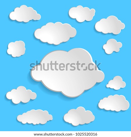 collection of white paper clouds for ui, web, social media design template on blue background