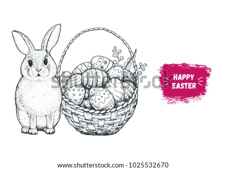 Easter bunny and basket with Easter eggs hand drawn sketch. Vintage vector illustration.