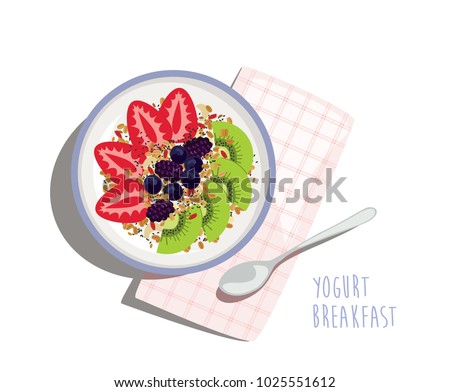 Yogurt Breakfast Bowl - Yogurt, fresh fruit and berries arranged in a bowl with granola, chia seeds and goji berry. Easy and healthy morning meal with napkin and spoon. Top view vector illustration Royalty-Free Stock Photo #1025551612