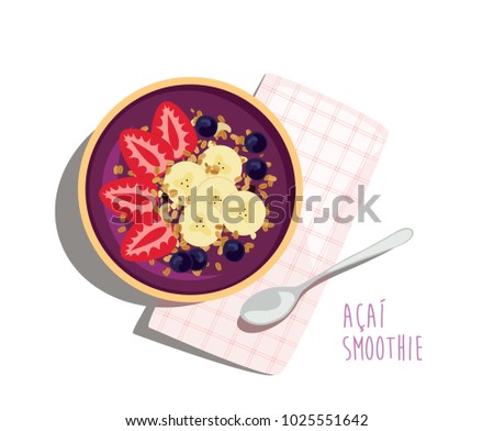 Acai Smoothie Bowl - Acai fruit energy bowl with strawberries, banana and granola topping. Healthy summer meal with napkin and spoon. Top view isolated vector illustration. Royalty-Free Stock Photo #1025551642
