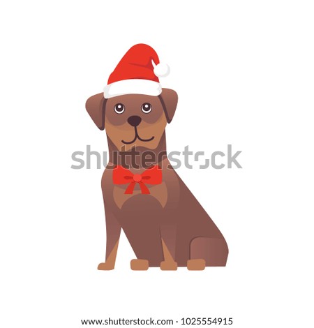 cute dog in red santas hat. Christmas puppy winter cartoon illustration.