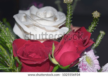 beautiful live bouquet of mixed flowers in a box on wooden table.
