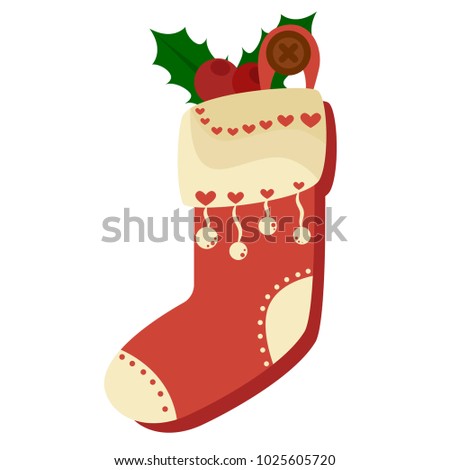 Christmas red sock full of candies, cookies and gifts, isolated on a white background. Vector illustration