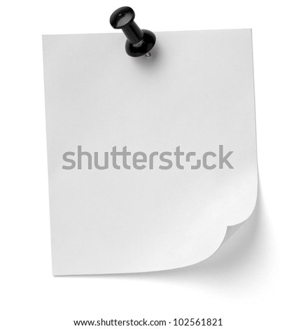 close up of a note paper with push pin on white background with clipping path