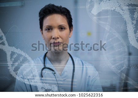 Panoramic view of helix pattern information on device screen against portrait of female nurse in ward