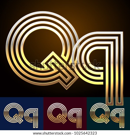 Vector reflective Golden geometric Alphabet set. Letters Q