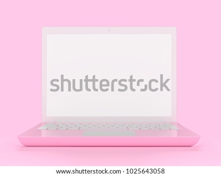 Laptop pink color with blank screen mock up and clipping path on pastel  background. 3d render.