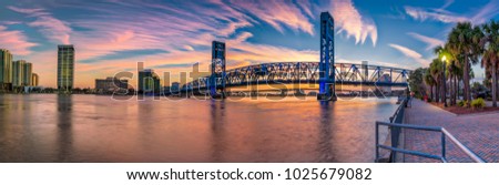 Jacksonville Main St Bridge at Sunset and river walk