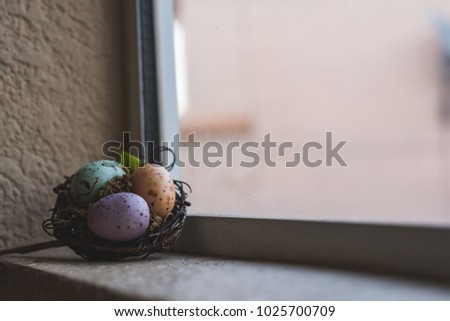 Easter egg in nest sitting next to the window framed left