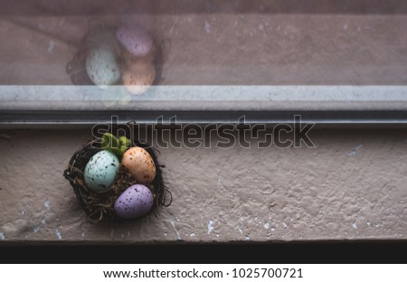 Over top view of Easter egg in nest next to a window