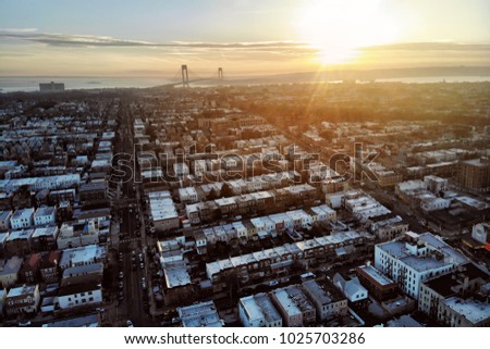 New York City Brooklyn neighborhood with private houses. Aerial view.