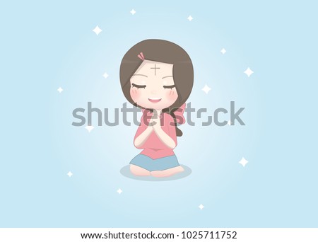 Ash Wednesday with cute girl praying, Character design vector illustration.