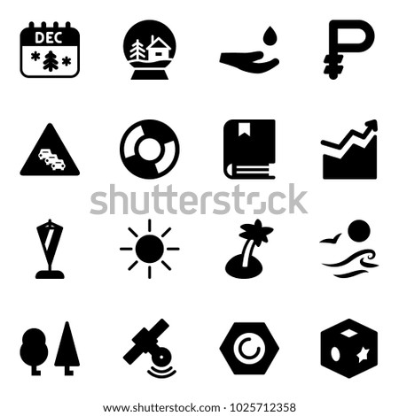 Solid vector icon set - christmas calendar vector, snowball house, drop hand, ruble, multi lane traffic road sign, circle chart, book, growth, pennant, sun, palm, waves, forest, satellite, nut