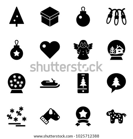 Solid vector icon set - christmas tree vector, gift, garland, ball, heart, angel, snowball house, snowmobile, mobile, merry message, sale, dog, star medal, toy horse