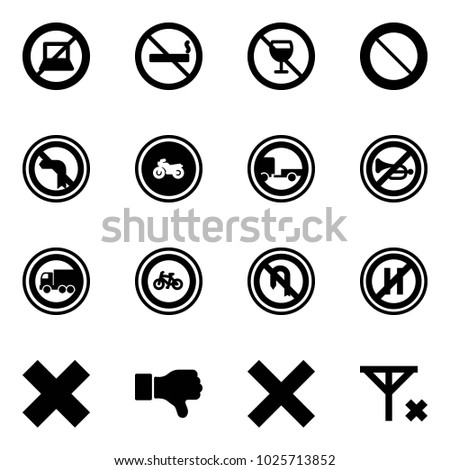 Solid vector icon set - no computer sign vector, smoking, alcohol, prohibition road, left turn, moto, trailer, horn, truck, bike, back, parking even, delete cross, dislike, signal
